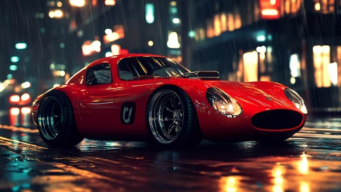Red sports coupe is parked on wet city street at night