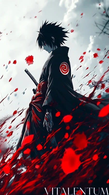Dark anime swordsman walks through crimson storm of petals.