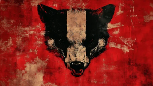 Snarling badger portrait over distressed crimson field.