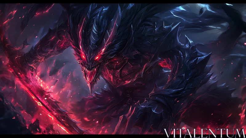 Demonic blade-wielding beast in molten red backlit armor.