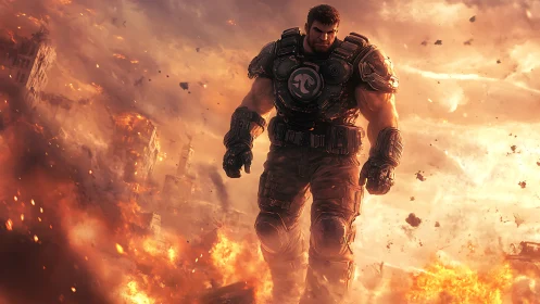 Armored super soldier strides through fiery war-torn ruins.