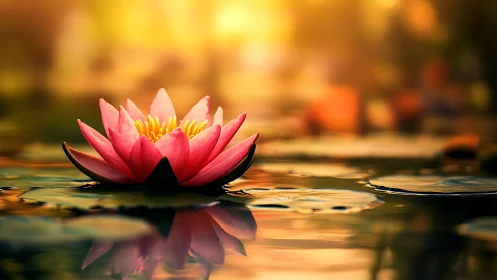Pink water lily glows over golden sunset reflections.