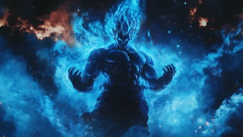 Blazing blue warrior ascends within storming cosmic firestorm.