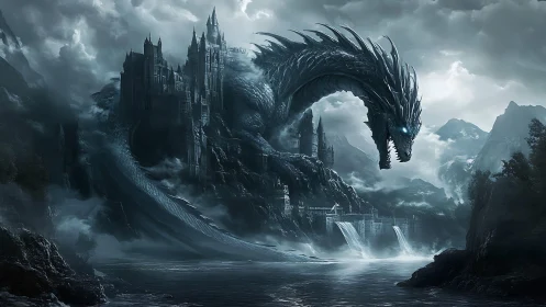 Stormlit dragon coils protectively around its citadel throne