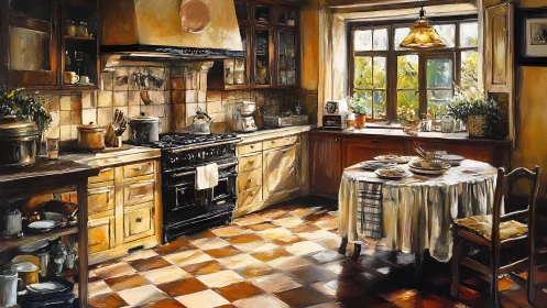 Sunlit rustic kitchen interior shows warm tiled workspace charm