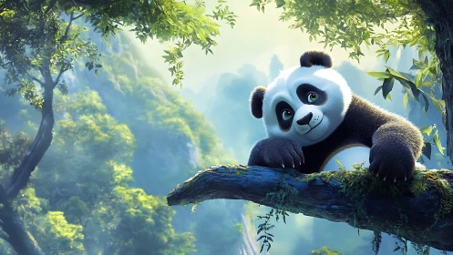 Gentle panda cub lounges on mossy branch in misty forest.