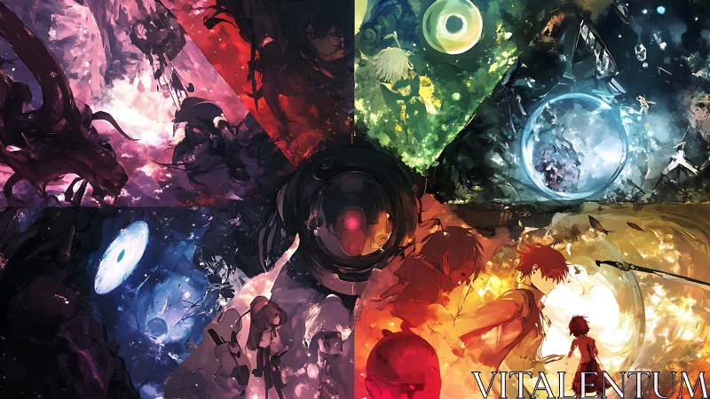 Fractured cosmic realms encircle anime heroes in turmoil.