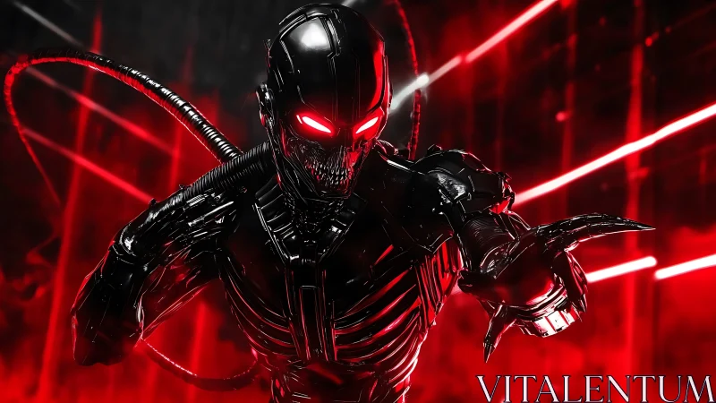 Menacing red-lit cybernetic humanoid with glowing eyes.