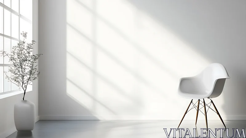 Minimalist white chair in sunlit modern interior space.