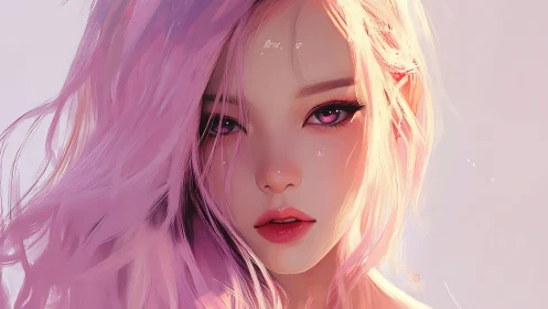 Pink haired anime girl portrait with intense violet eyes.