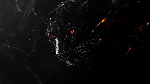 Menacing feline portrait with incandescent crimson eyes in high-contrast digital illustration.