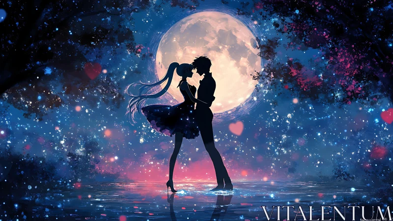 Lovers share a moonlit kiss in a shimmering starlit dream