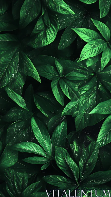 Dense layered green leaves in dark natural arrangement.