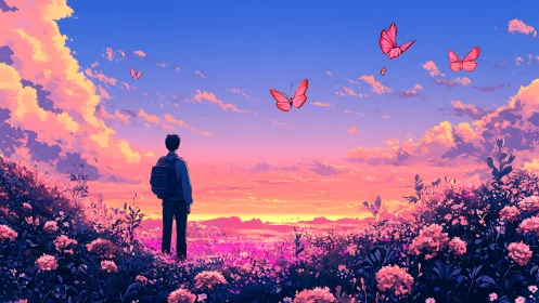 Backpack dreamer under neon sunset with drifting butterflies.