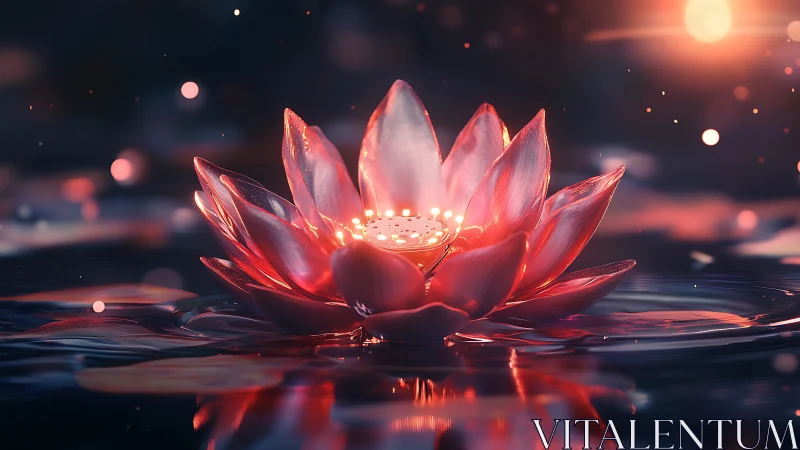 Luminous lotus bloom glows over dark reflective water.