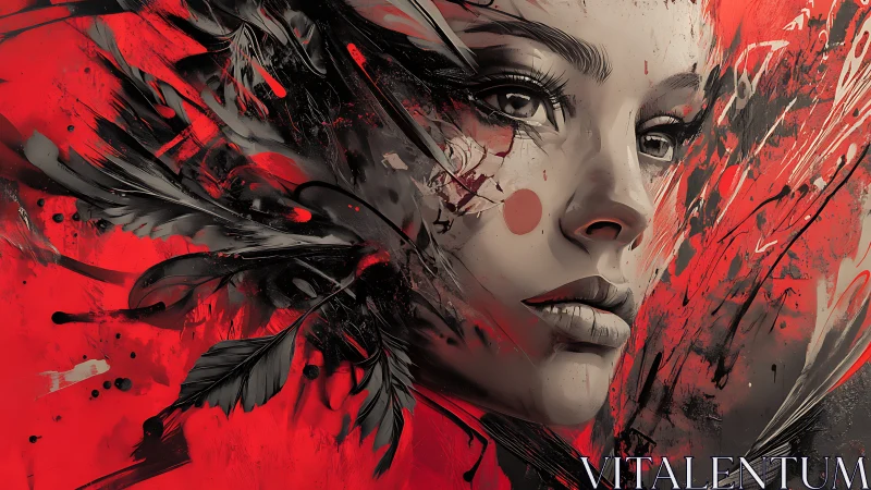 Crimson storm muse amid ink-feathered, restless splashes.