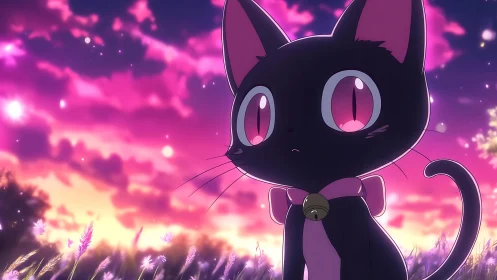 Starry-eyed black cat gazes over a neon sunset meadow.