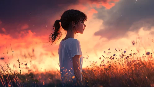 Girl stands in sunset field while clouds glow behind her