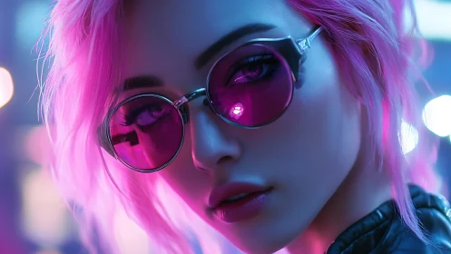 Pink haired woman in magenta glasses under neon lighting