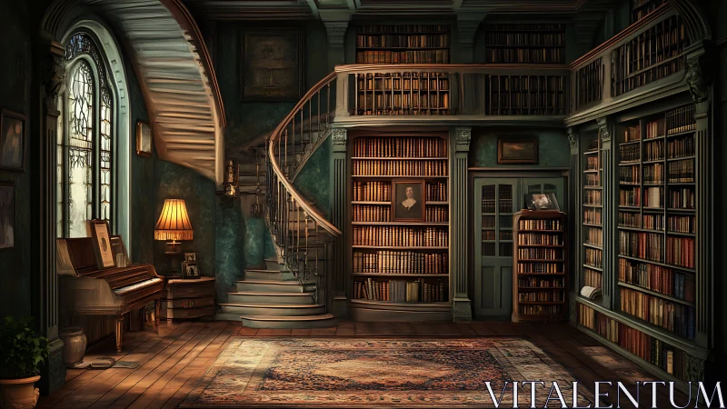 Curved staircase library interior with piano and stained glass.