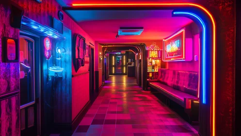 Neon-lit nightclub corridor with saturated RGB accent lighting and depth
