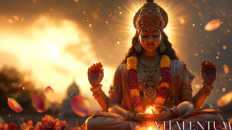 Radiant goddess in sunset bloom cradling sacred fire.