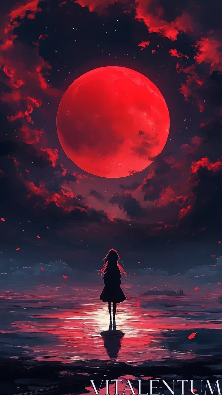Girl watching a red moon over reflective dark water.