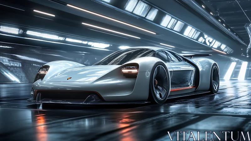 Futuristic electric hypercar rendered in a luminous tunnel environment