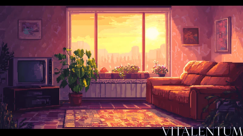 Golden hour living room retreat in cozy pixel warmth.