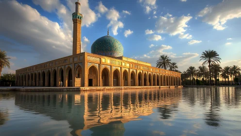 Golden mosque reflections in a tranquil sunset pool.