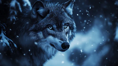 Nocturnal Arctic wolf close-up with glacial cyan irises.