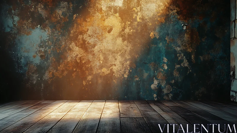 Warm shafted light across distressed teal concrete wall.