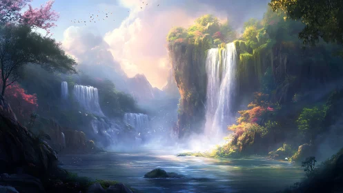 Digital landscape illustrates multi-tier waterfalls and cliffs