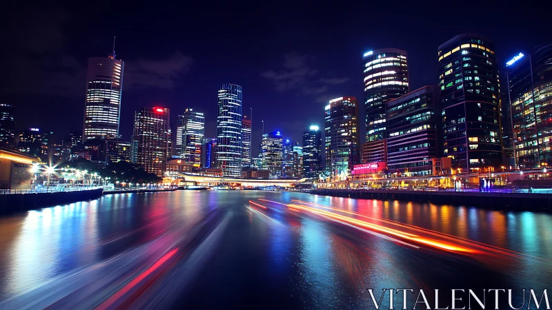 River of lights flowing through a neon city nightscape.