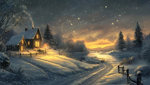 Cozy snowy cottage glowing beside a peaceful winter river.