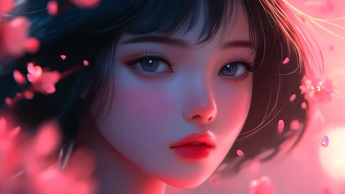 Close view of stylized young woman amid pink petals.