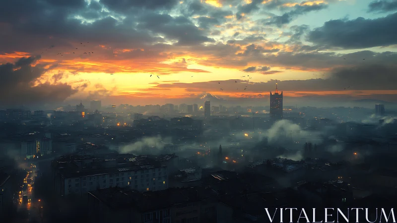 Atmospheric urban skyline under volumetric dusk illumination.
