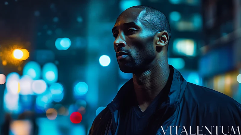 Nocturnal portrait with neon bokeh and cinematic contrast.