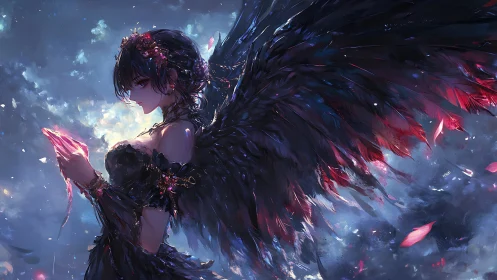 Dark-winged anime angel studies glowing crystal amid drifting petals