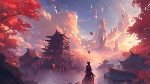 Crimson warrior observes burning spires above misty temples