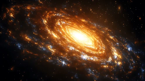 Blazing spiral galaxy core amid radiant cosmic dust fields.