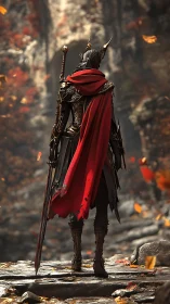 Red-cloaked wanderer pausing in a quiet autumn ravine.