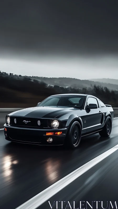 Midnight Mustang slices wet asphalt beneath storm-heavy skies