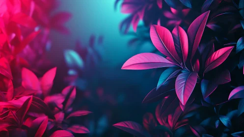 Neon jungle leaves bloom in electric magenta and cyan glow.