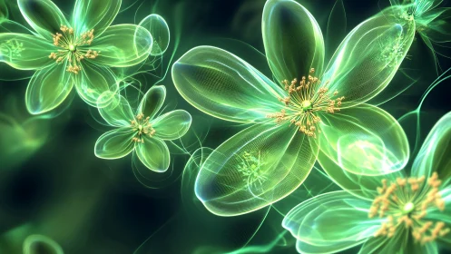 Translucent green floral forms in abstract digital field.