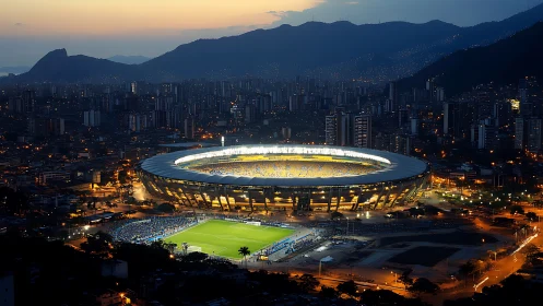 Illuminated football stadium encircled by dense cityscape at dusk.