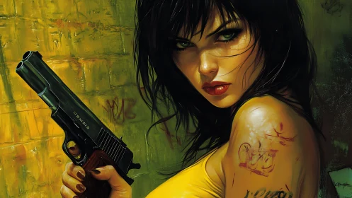 Defiant woman with pistol in bold urban neon portrait.