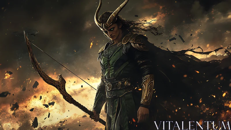 Armored trickster archer amid incendiary atmospheric rupture.