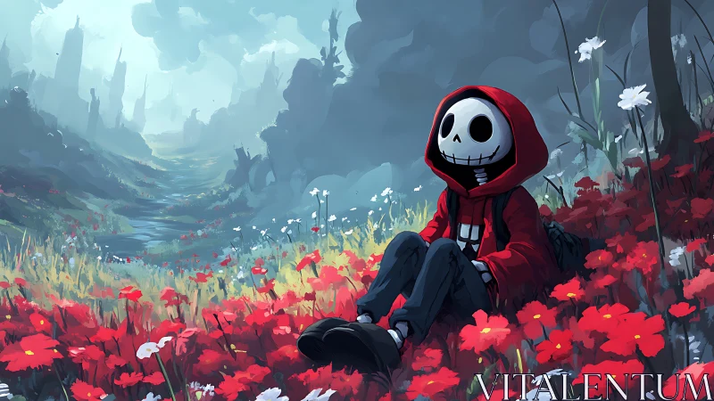 Lonely skeleton child rests in red wildflower field of hope