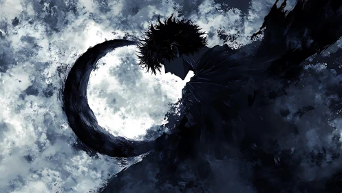 Silhouetted warrior eclipses moon in swirling ink storm